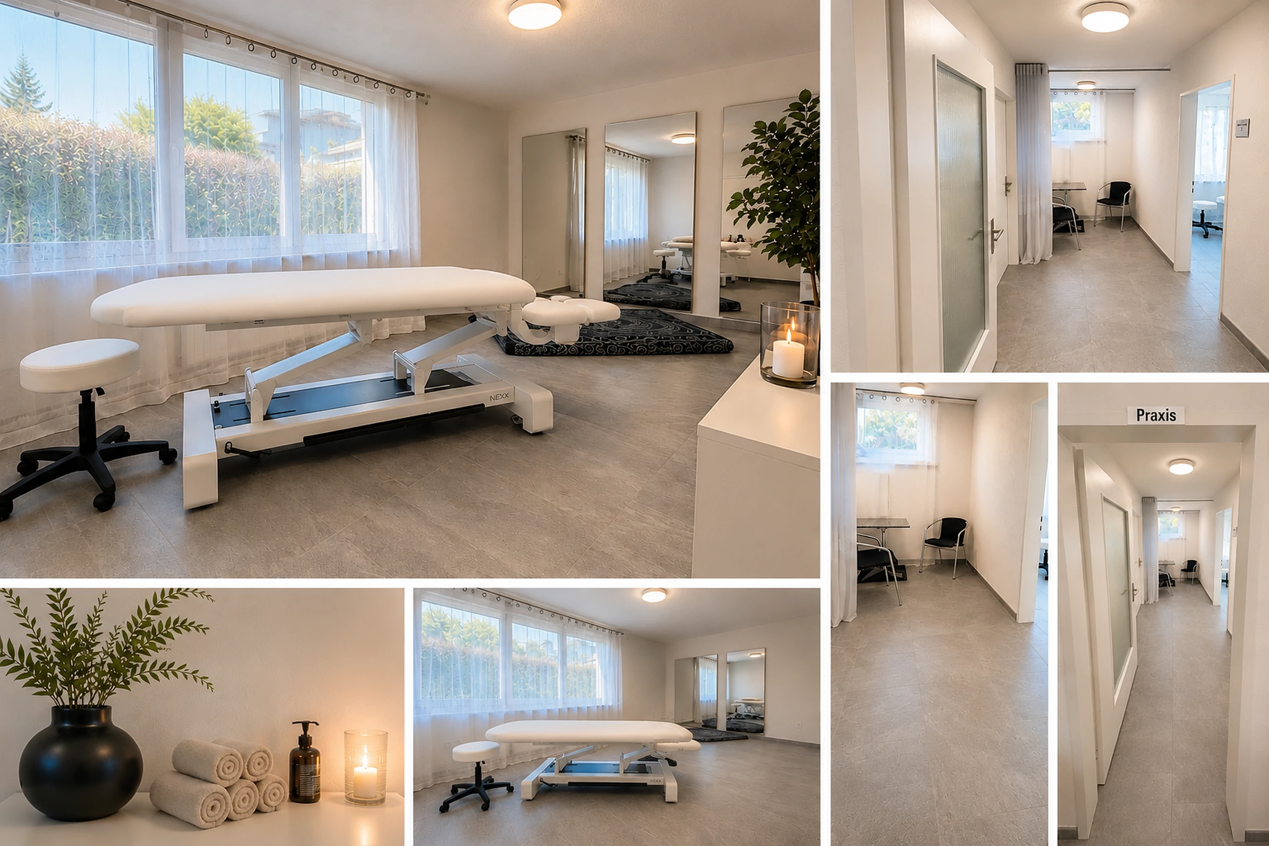 Collage der Massagepraxis TanShia in Wallisellen mit Liege, private Garderobe, Praxisraum