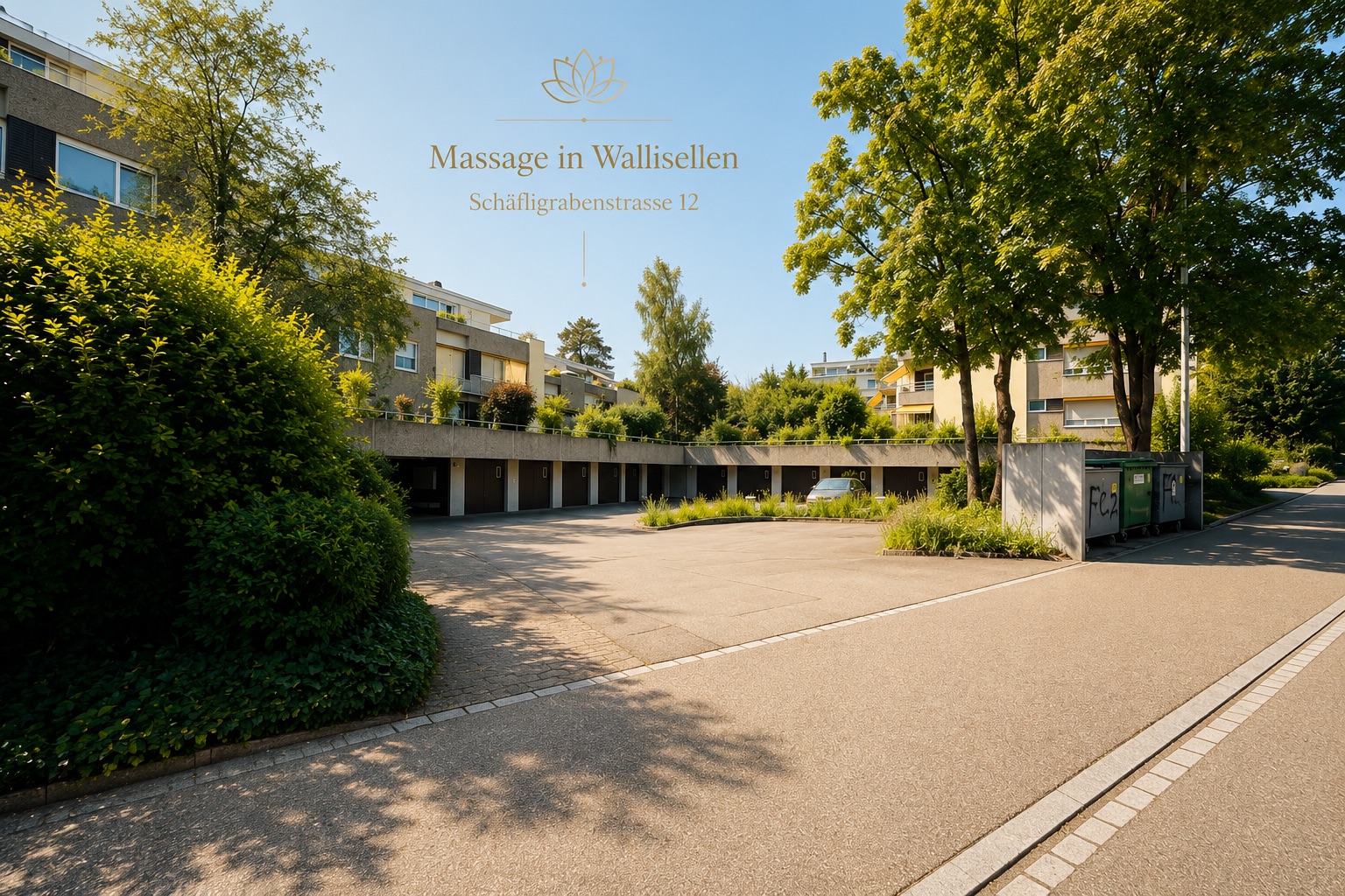 Aussenansicht der Massagepraxis TanShia in Wallisellen bei Zuerich. Innenhof mit reserviertem Kundenparkplatz